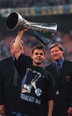 Olaf Thon lifts the Eufa Cup in 1997 in the last of the two legged finals. The match was between FC Schalke and Inter Milan. Fc Schalke won 4-1 on penalties